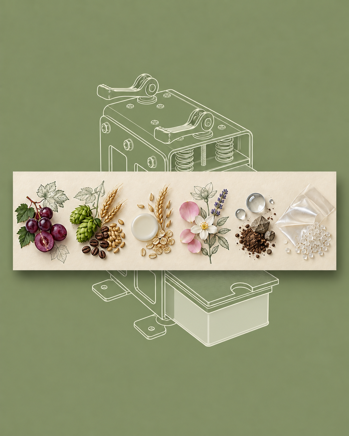 Editorial illustration of grapes, grain, milk, flowers, stones and water above a line drawing of a sample tray, with a centered color detail