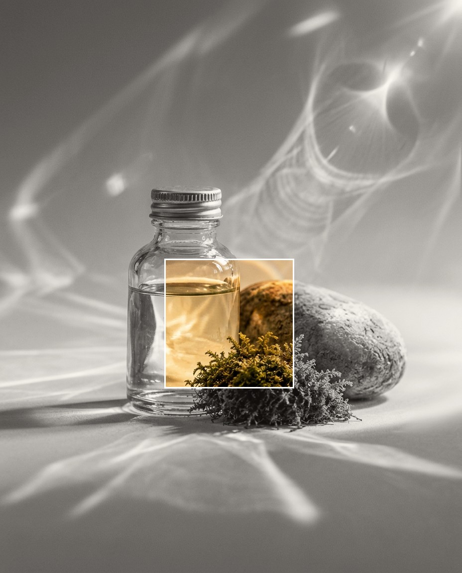 Conceptual editorial image: a bottle among moss and stone